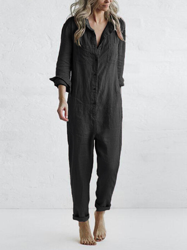 Collared Button Front Long Sleeve Jumpsuit