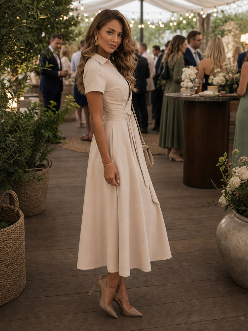 Collared Short Sleeve Midi Wrap Dress