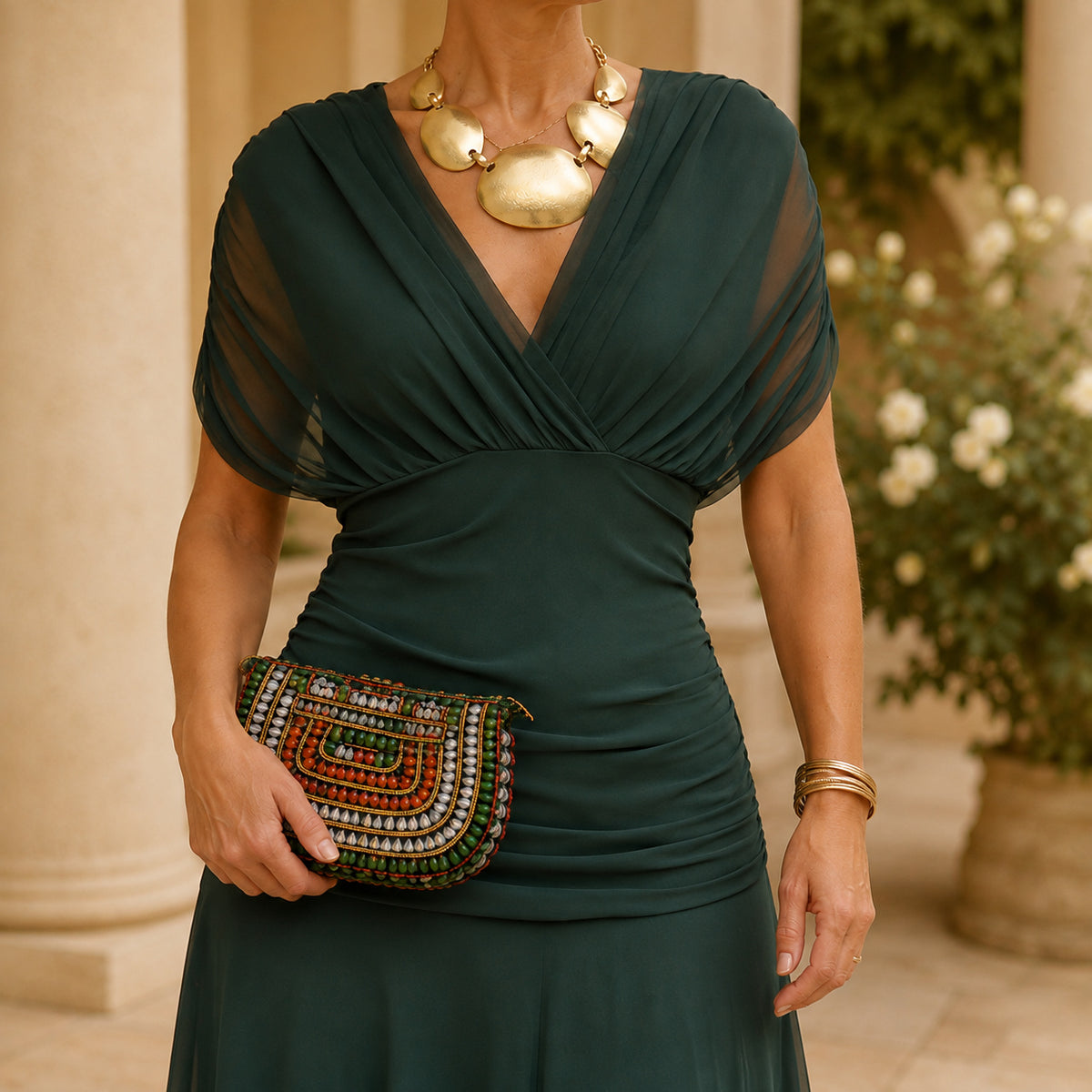 Draped Ruched V Neck Maxi Dress