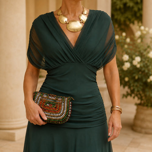 Draped Ruched V Neck Maxi Dress