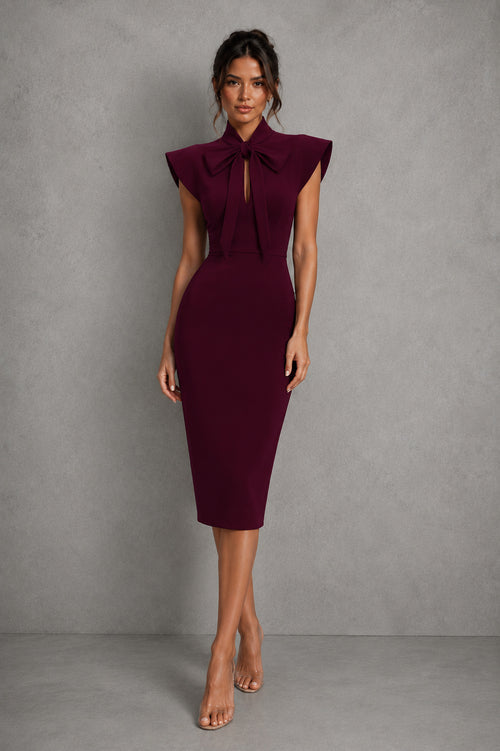 Fitted High Neck Bow Tie Midi Dress