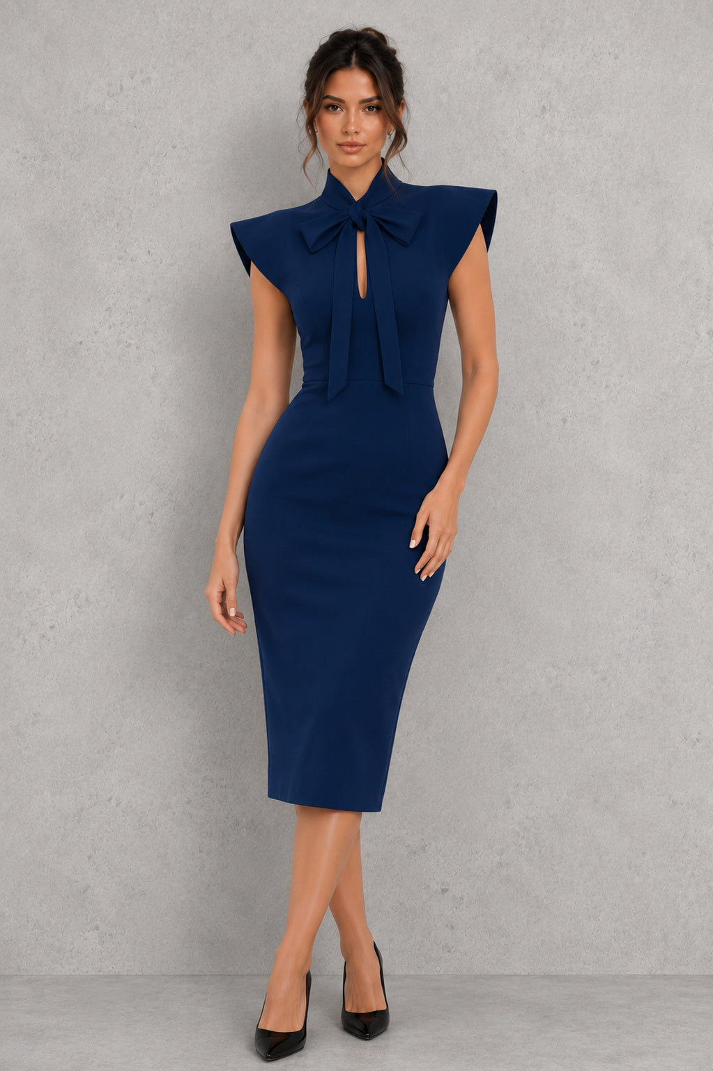 Fitted High Neck Bow Tie Midi Dress