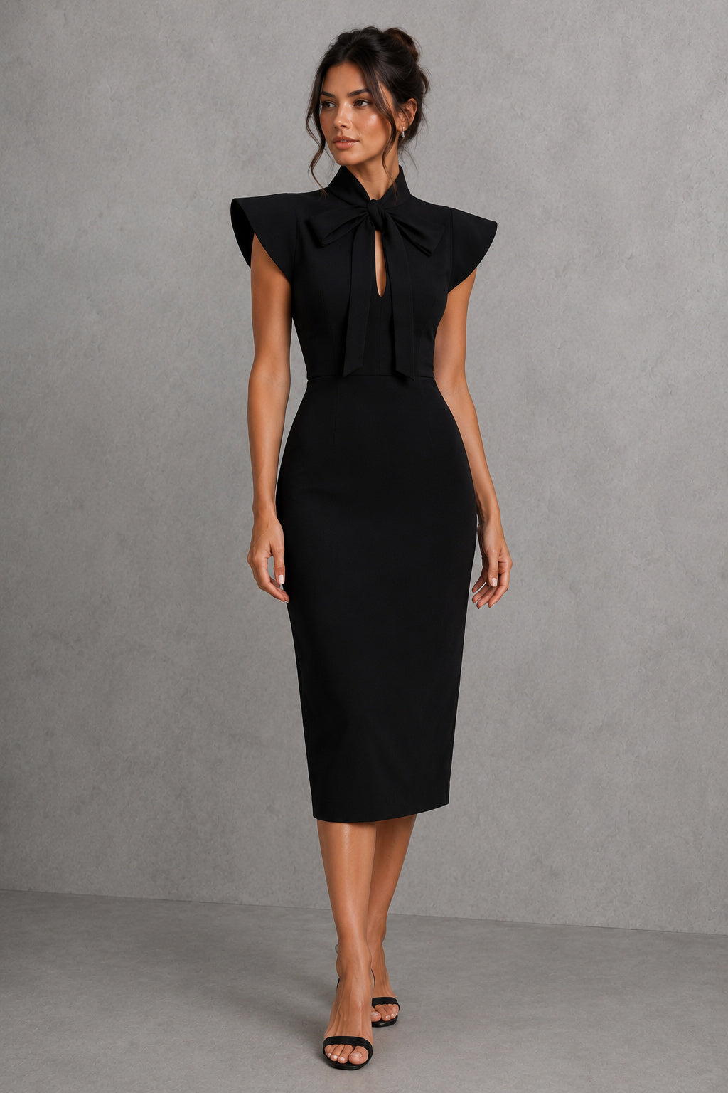 Fitted High Neck Bow Tie Midi Dress
