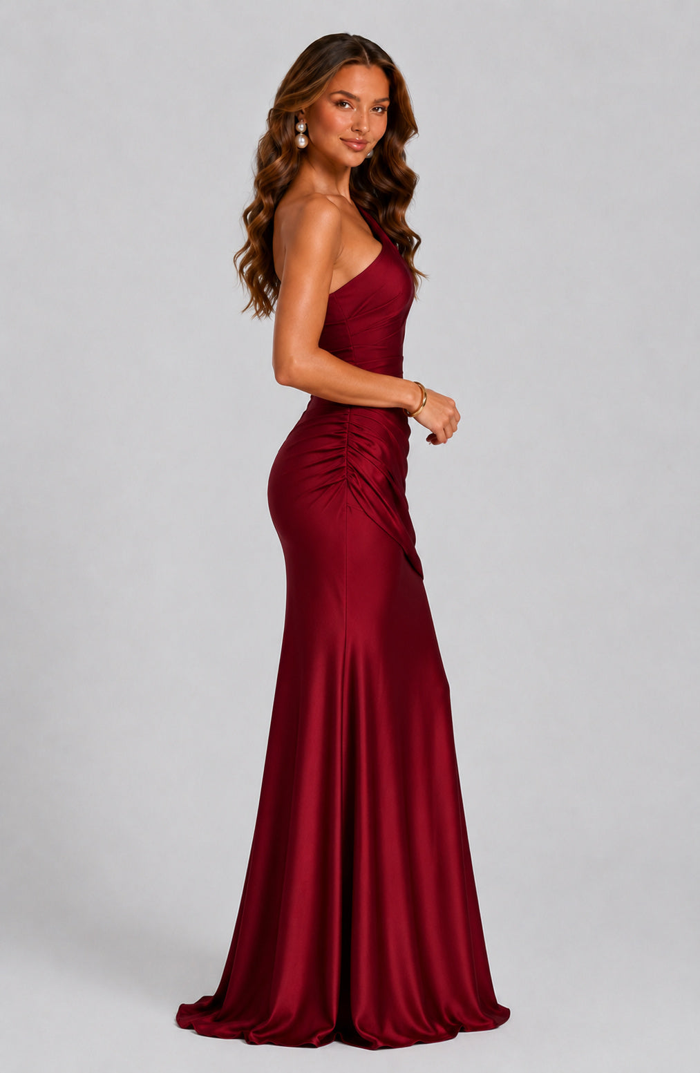 Fitted One Shoulder Satin Maxi Dress