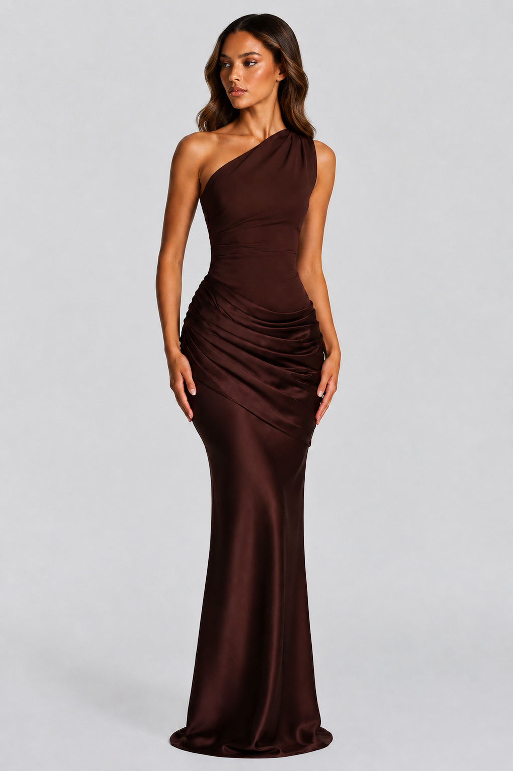 Fitted One Shoulder Satin Maxi Dress