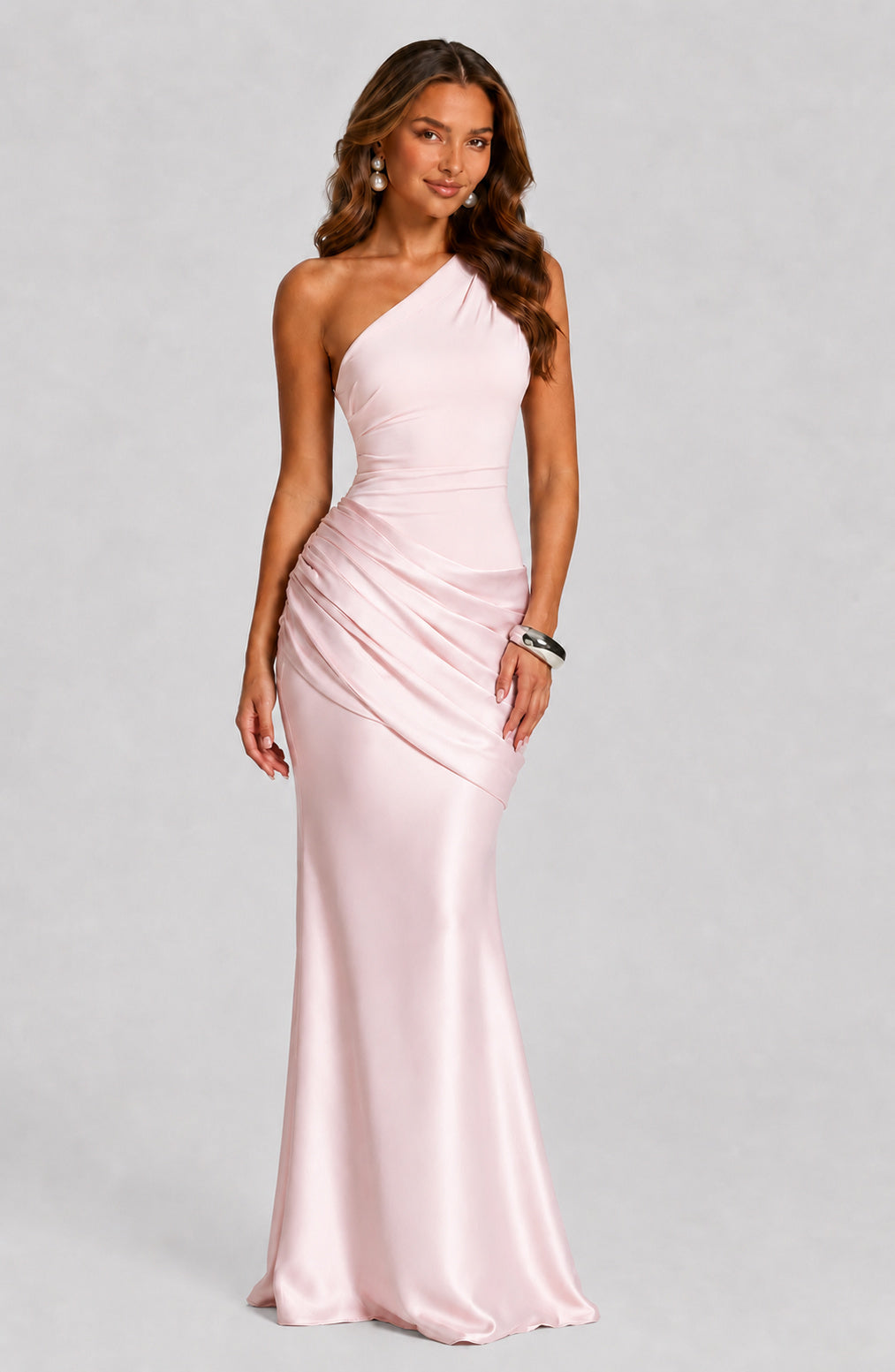 Fitted One Shoulder Satin Maxi Dress