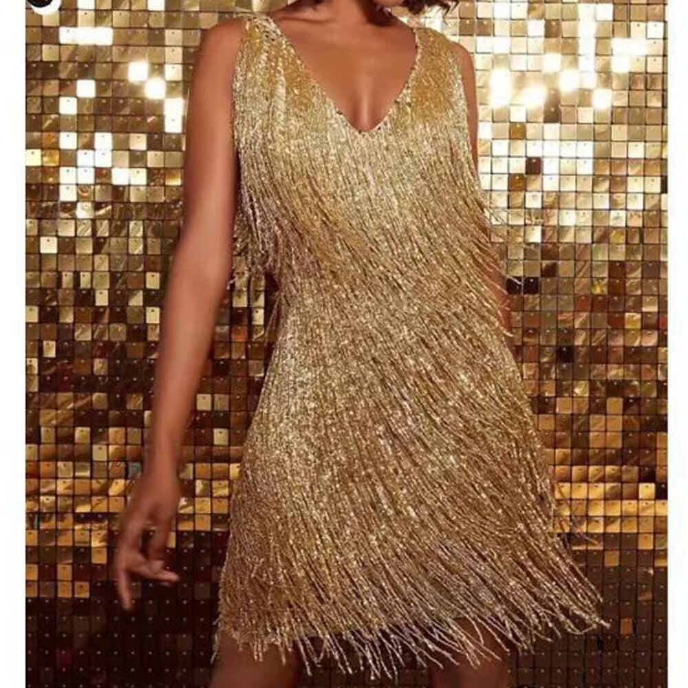 Fitted Sequin V Neck Mini Dress