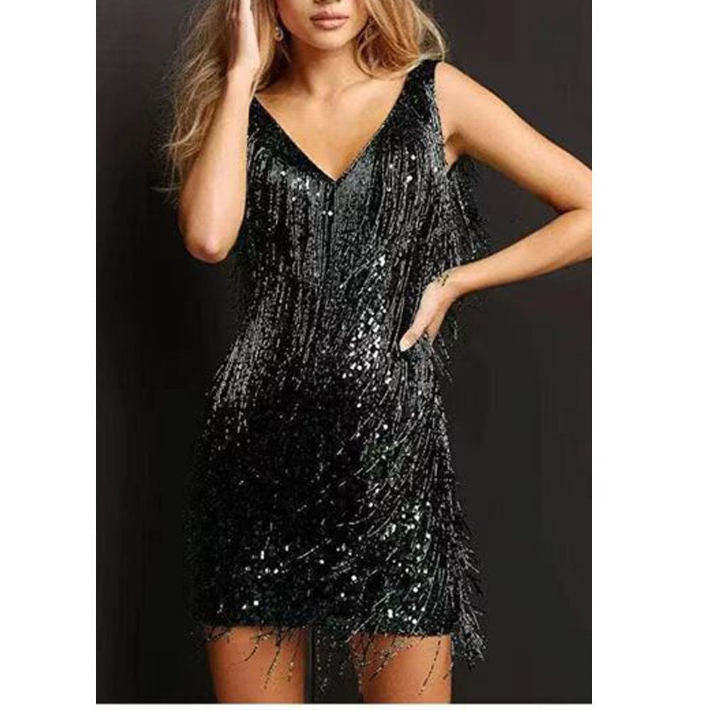 Fitted Sequin V Neck Mini Dress