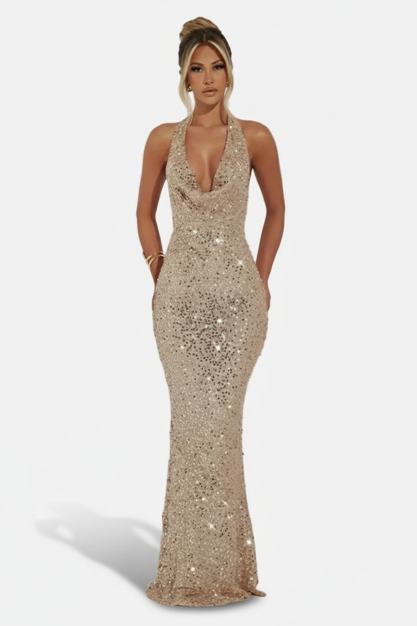 Fitted Tie Halter Neck Maxi Dress
