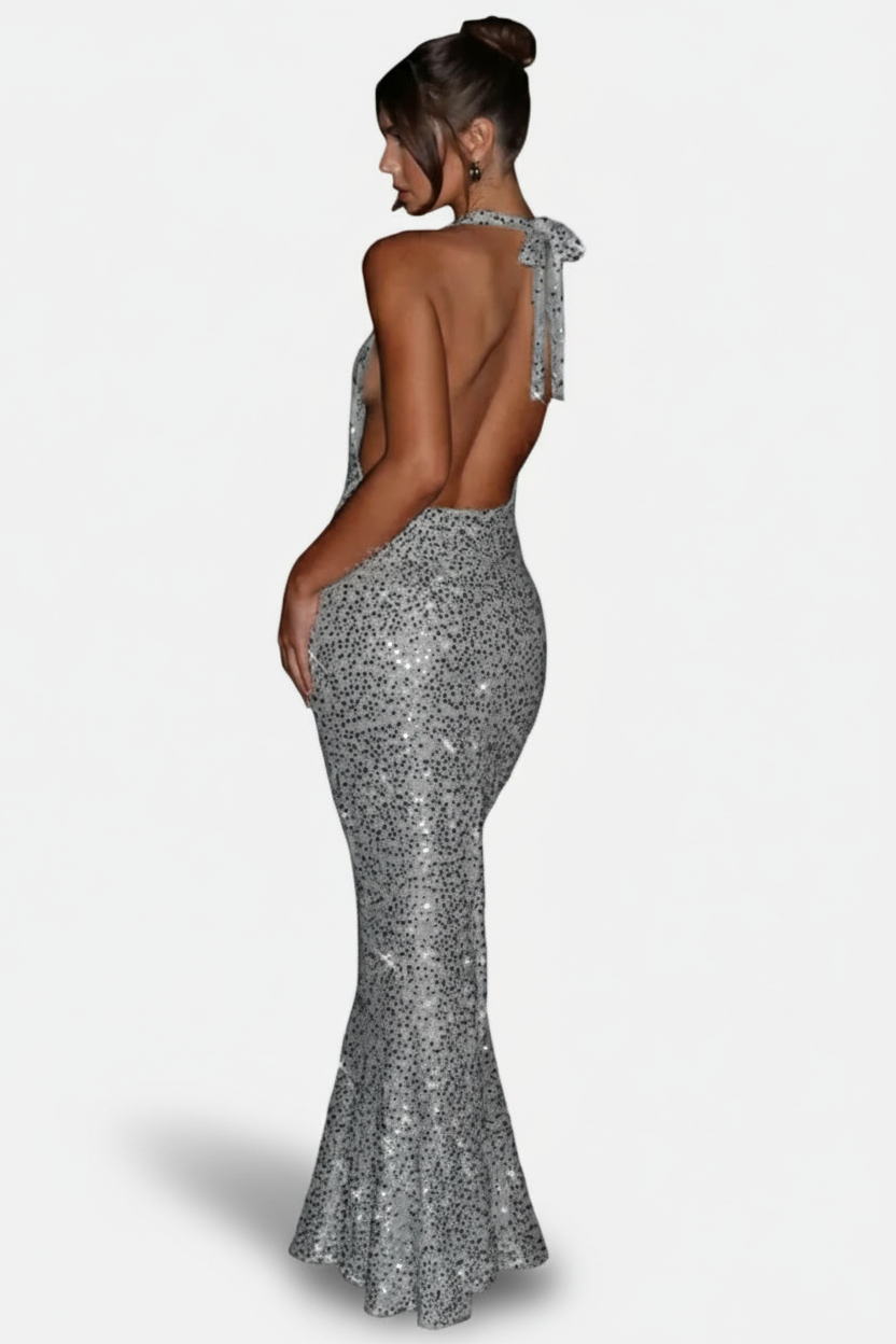 Fitted Tie Halter Neck Maxi Dress
