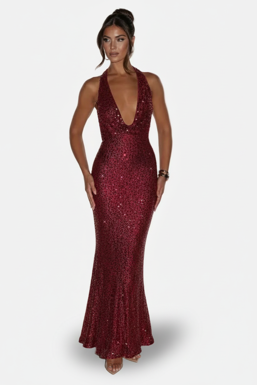 Fitted Tie Halter Neck Maxi Dress