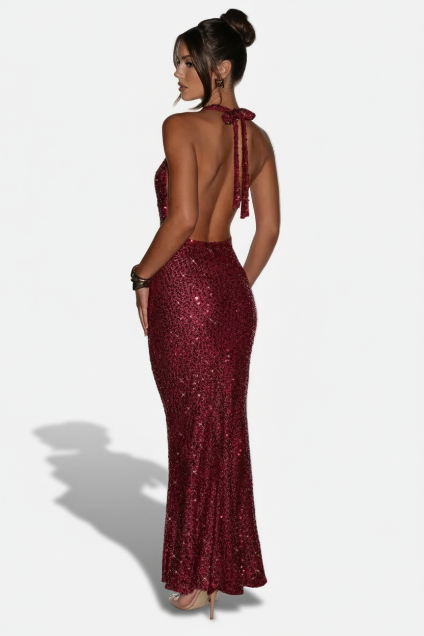 Fitted Tie Halter Neck Maxi Dress