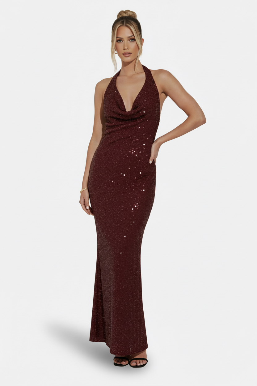Fitted Tie Halter Neck Maxi Dress