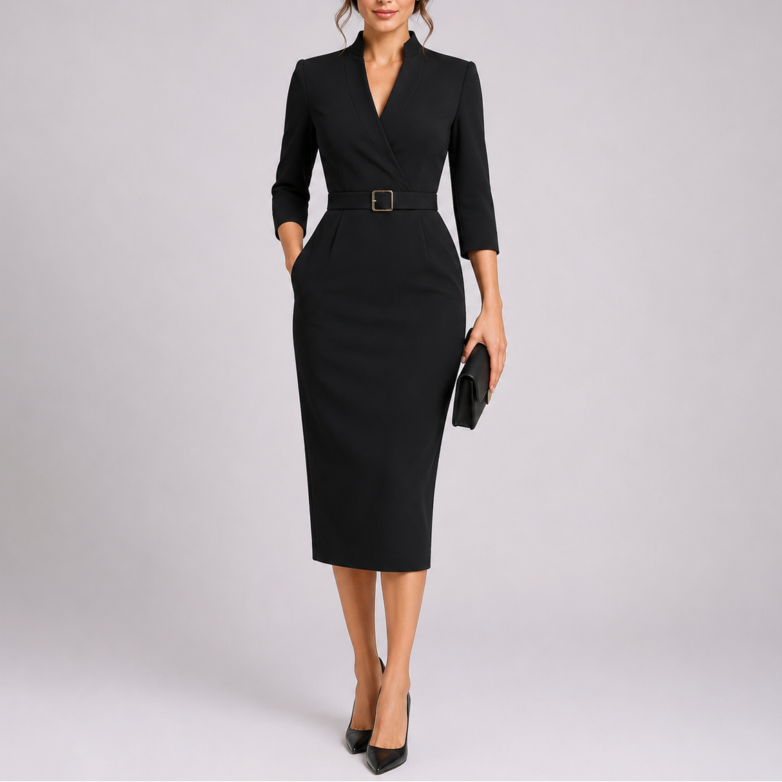 Fitted V Neck Pencil Midi Dress