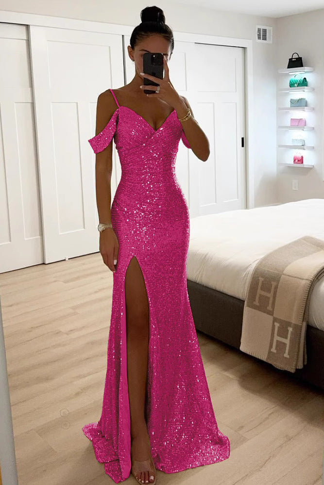 Fitted V Neck Sequin Maxi Dress