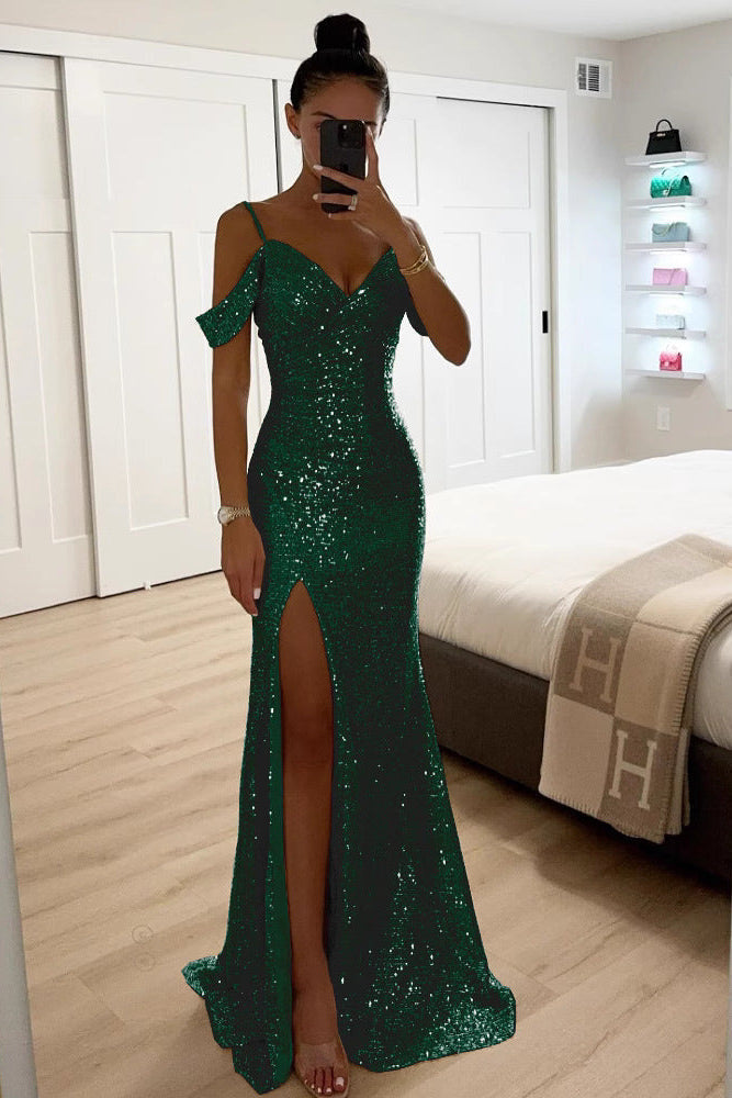 Fitted V Neck Sequin Maxi Dress