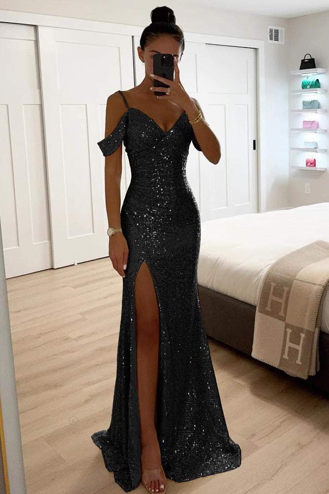 Fitted V Neck Sequin Maxi Dress