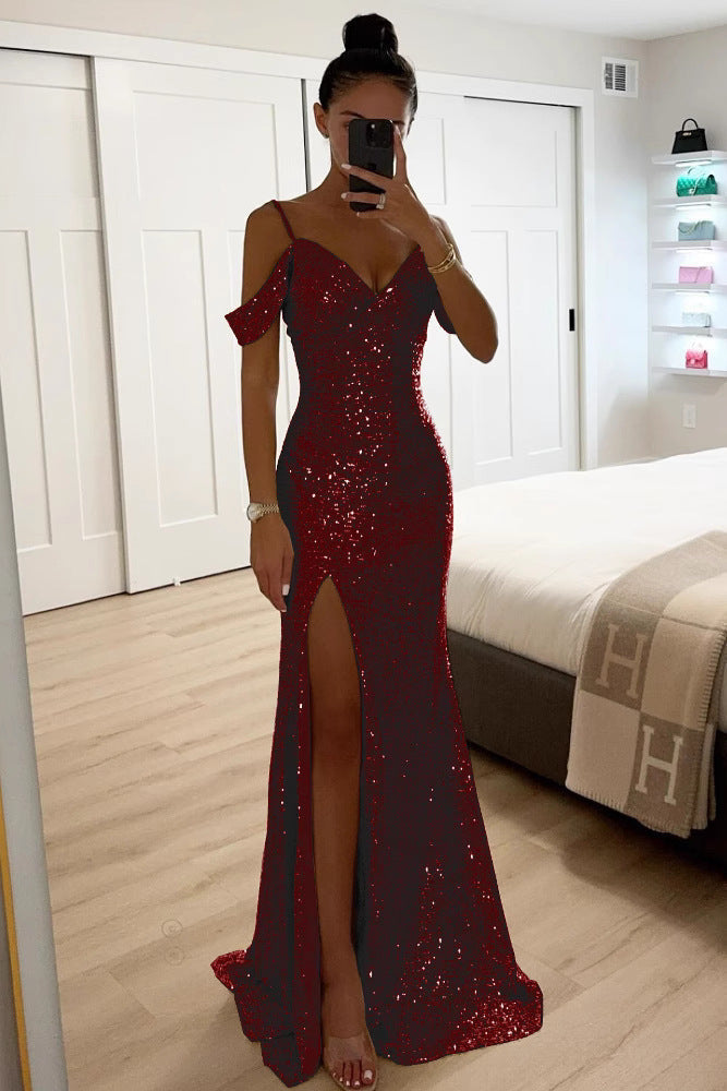 Fitted V Neck Sequin Maxi Dress