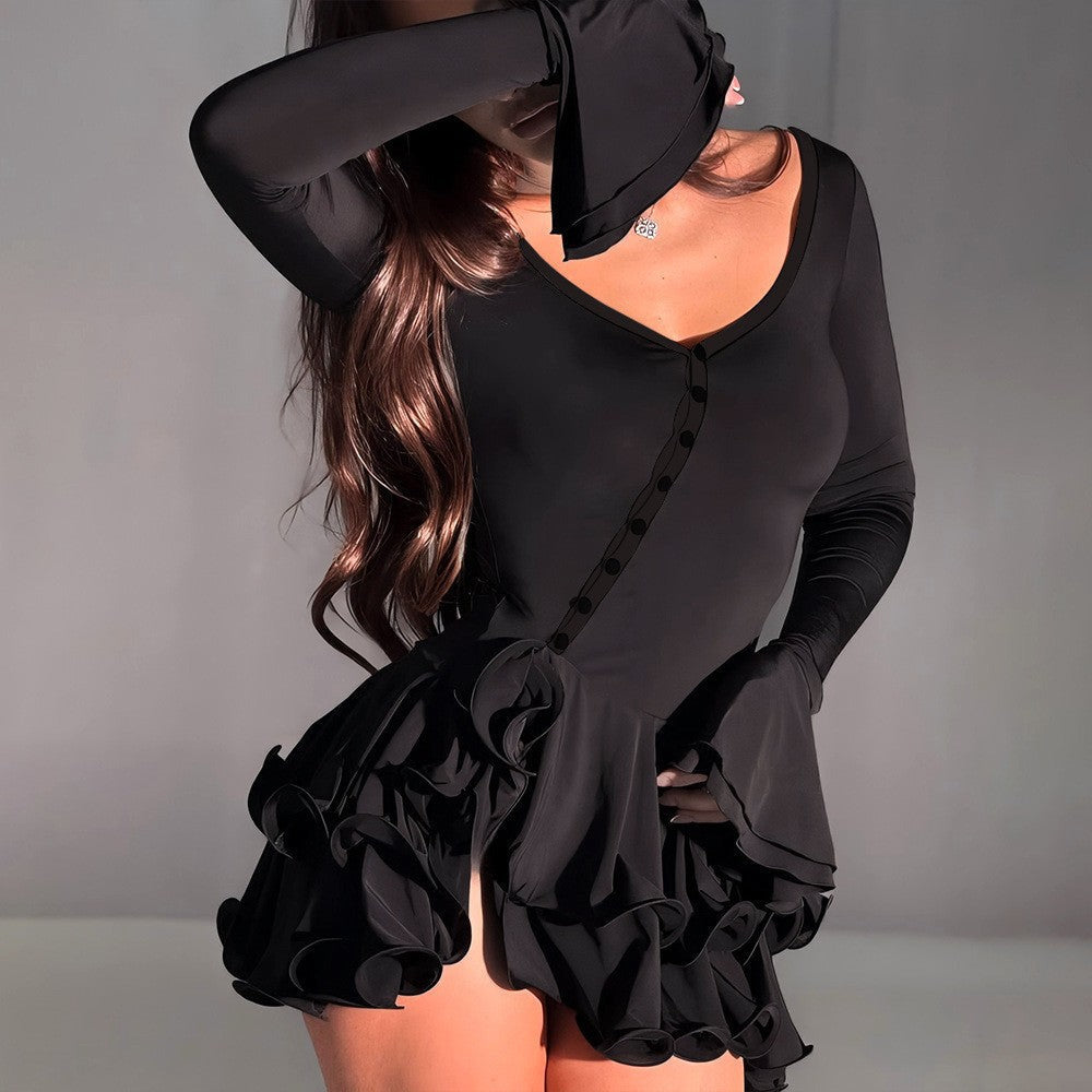 Flared Long Sleeve Ruffle Mini Dress