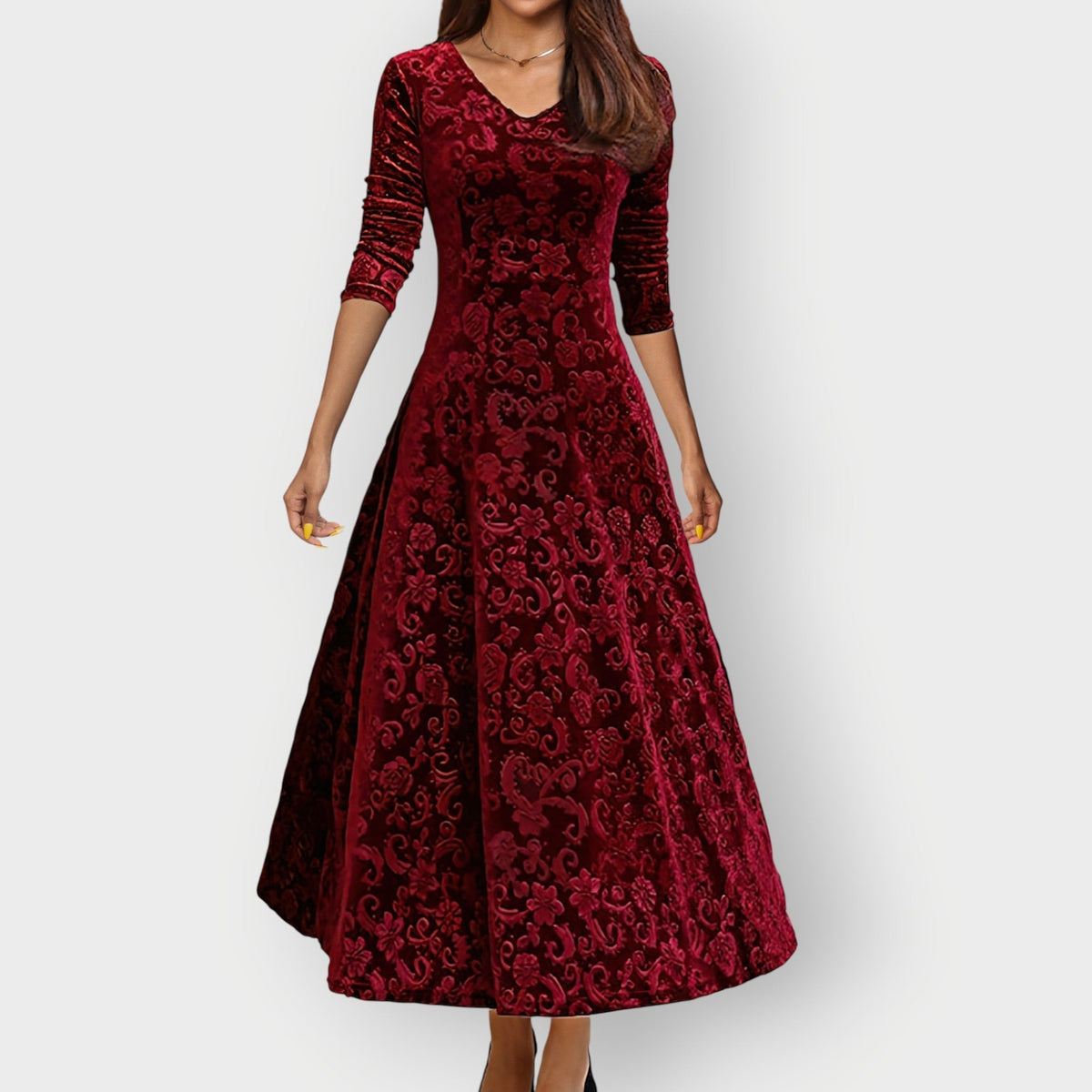 Floral Velvet Fit and Flare Midi Dress
