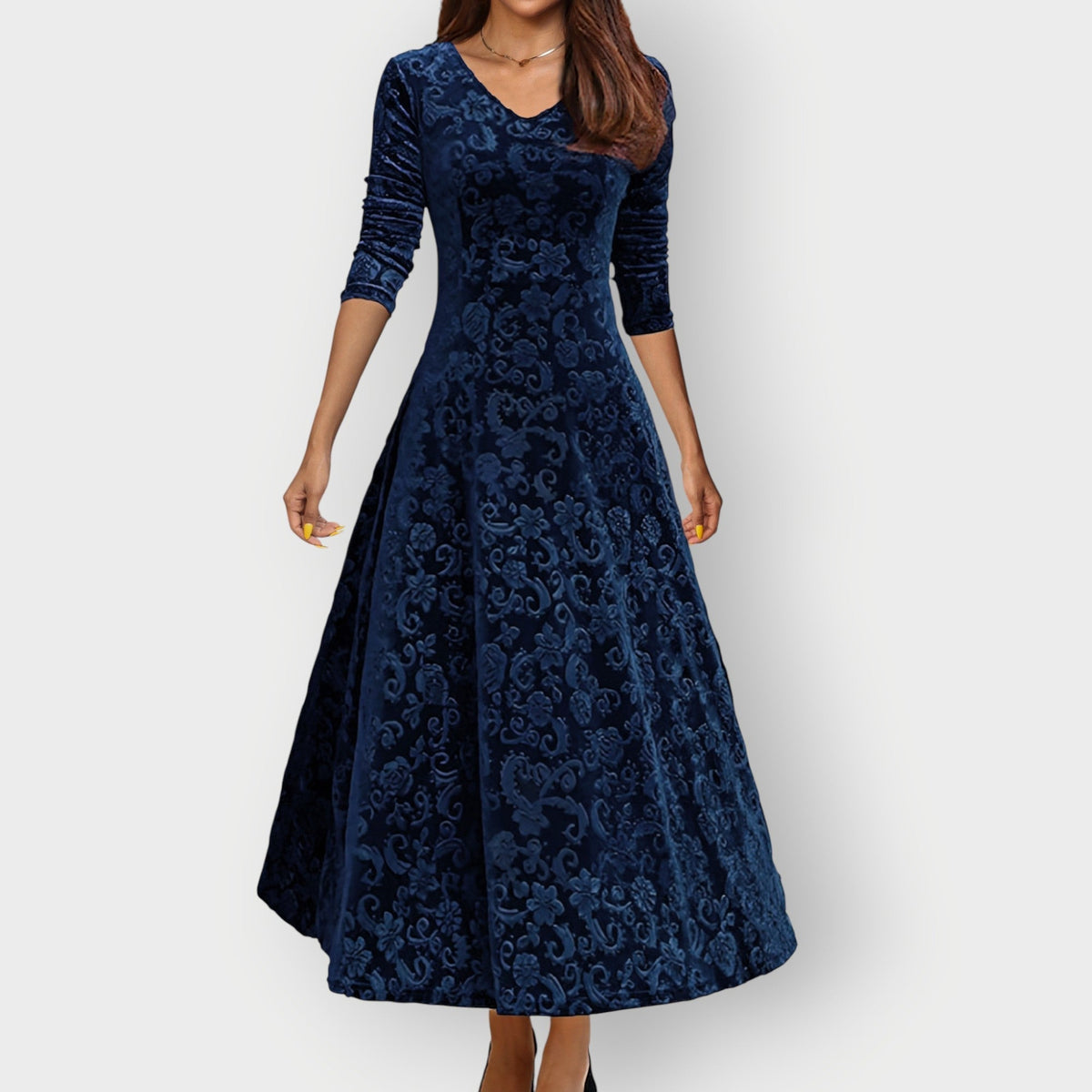 Floral Velvet Fit and Flare Midi Dress