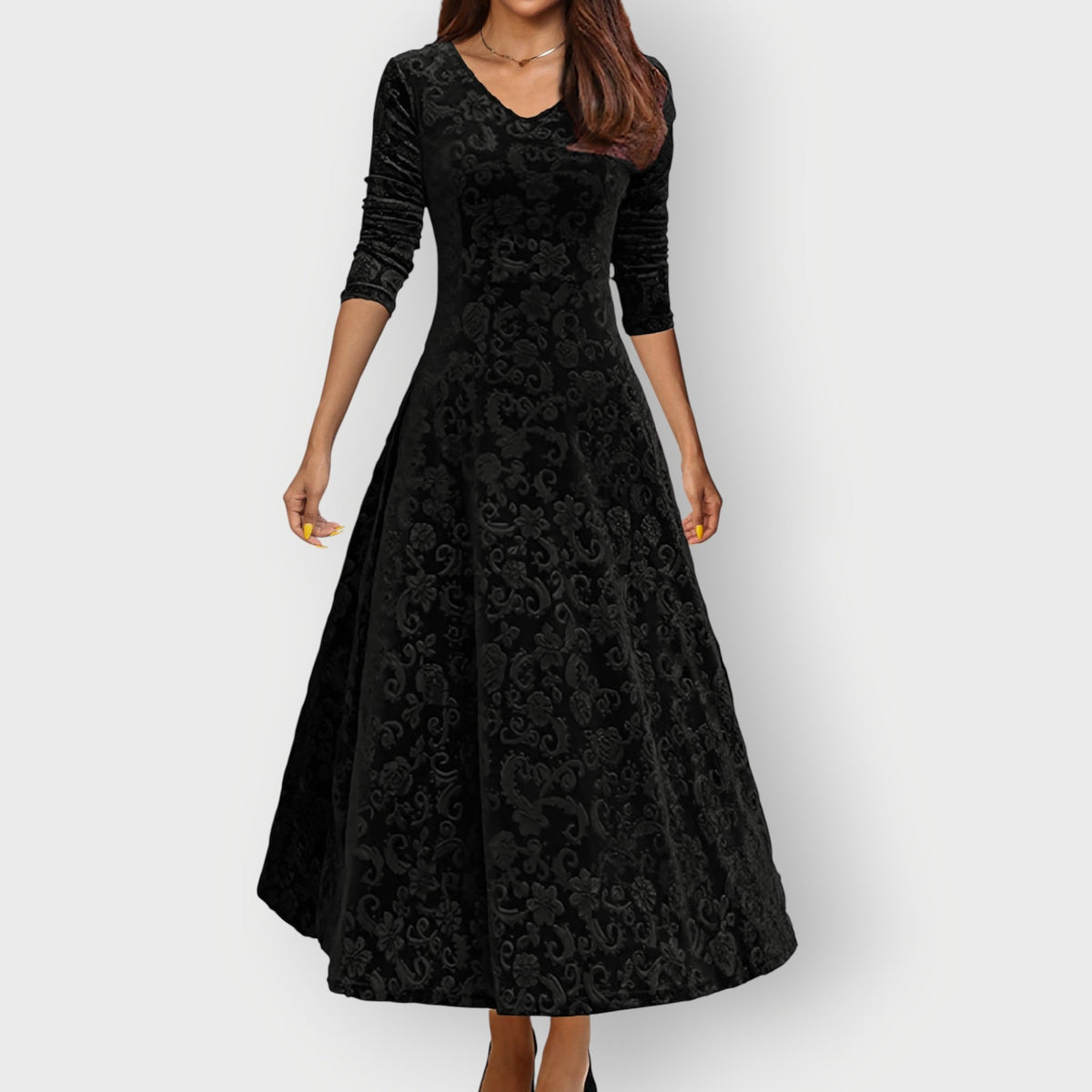Floral Velvet Fit and Flare Midi Dress