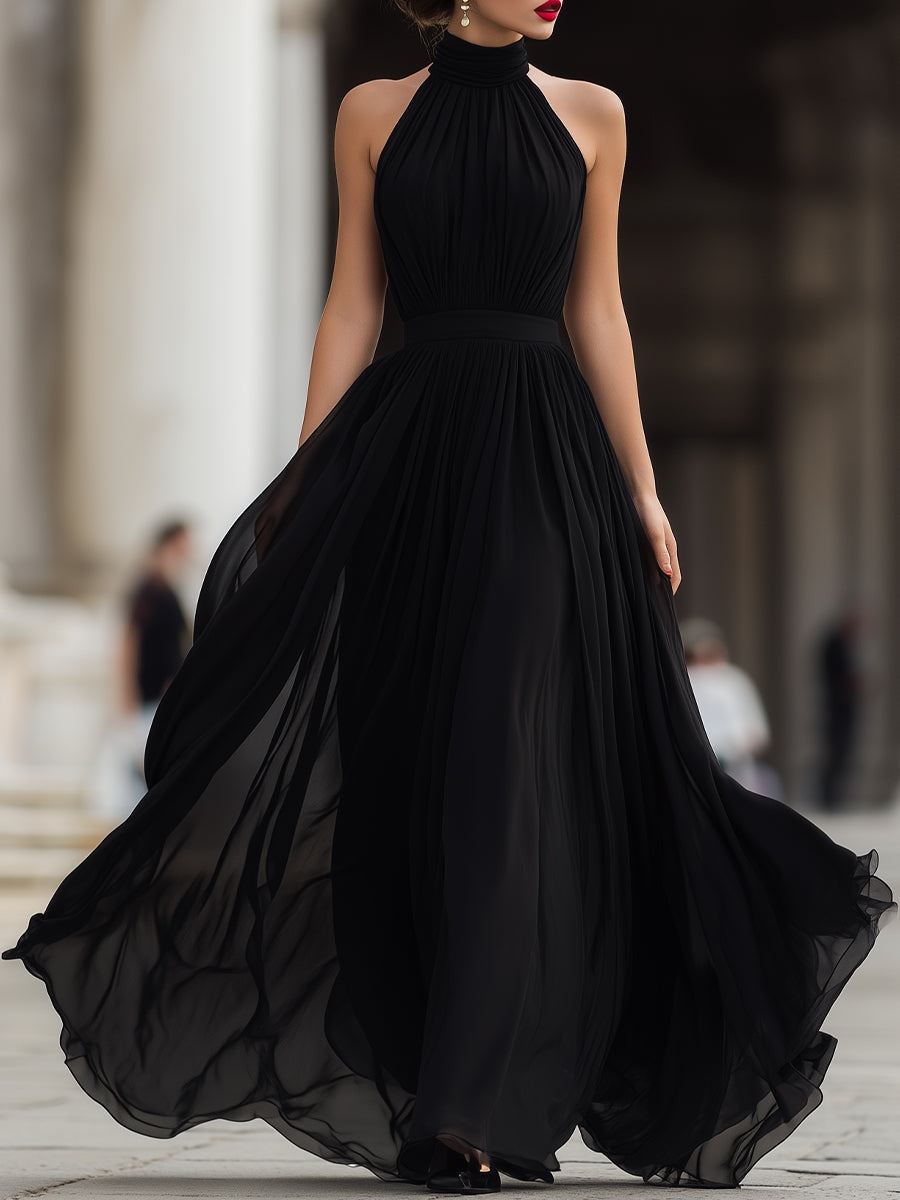 Halter Neck Pleated Maxi Dress
