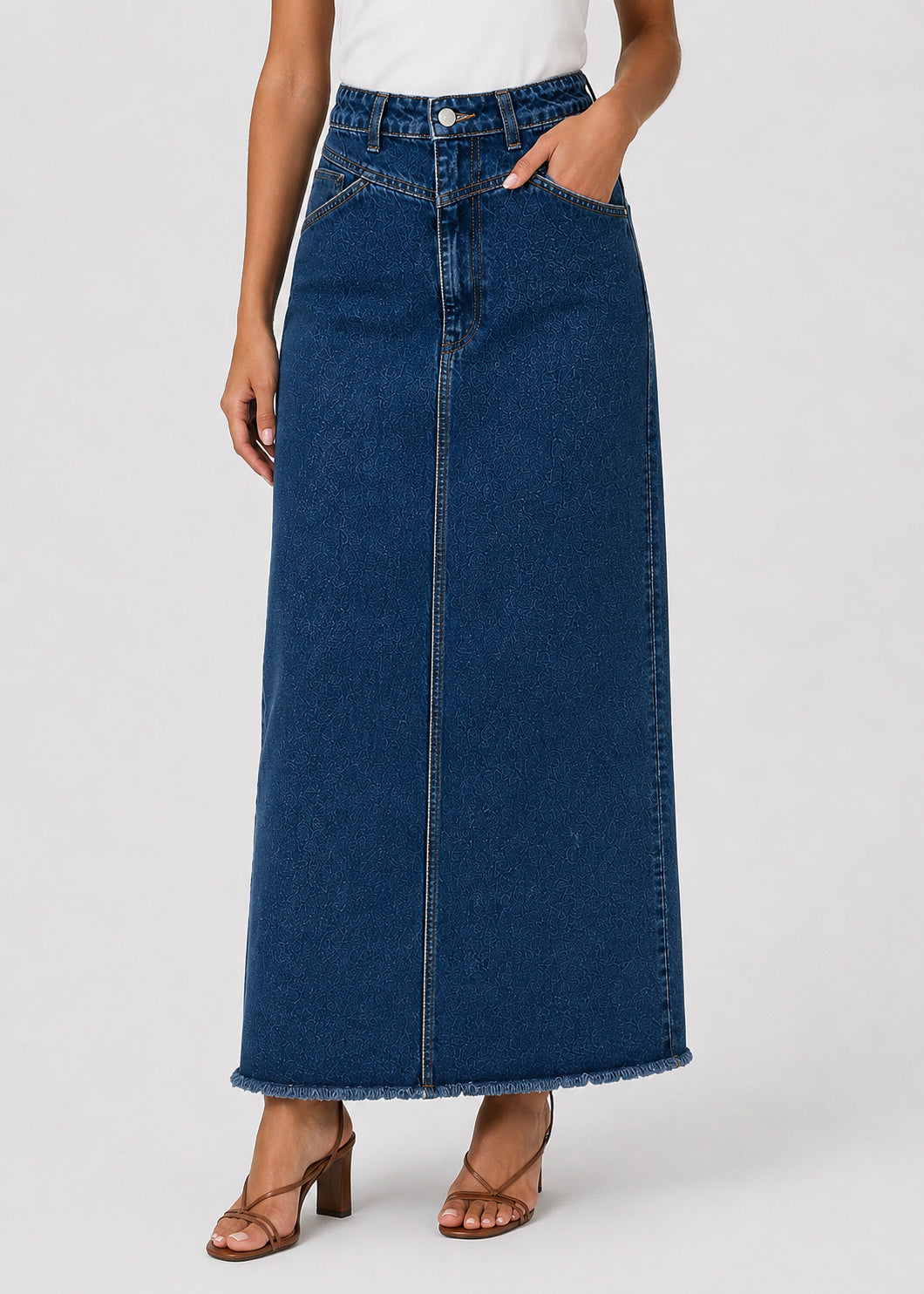 High Waisted Denim Maxi Skirt