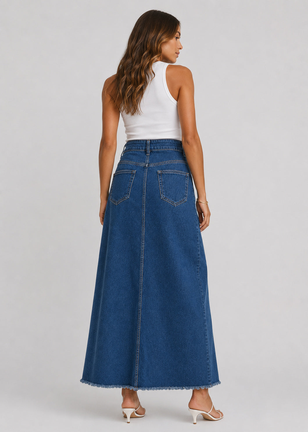 High Waisted Denim Maxi Skirt