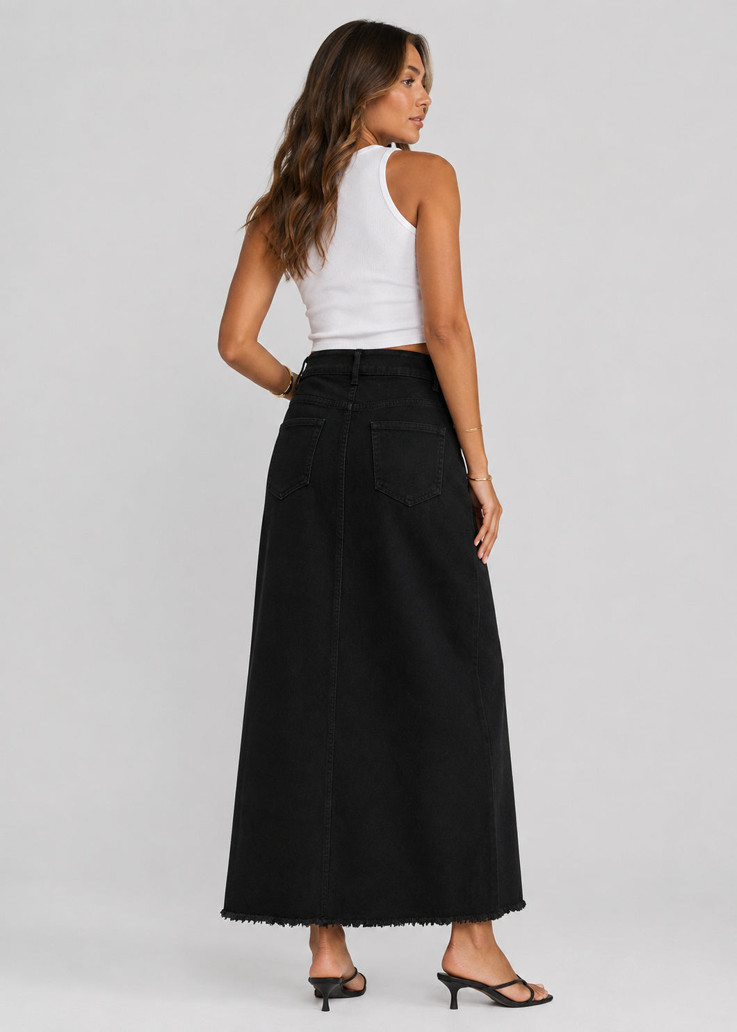 High Waisted Denim Maxi Skirt