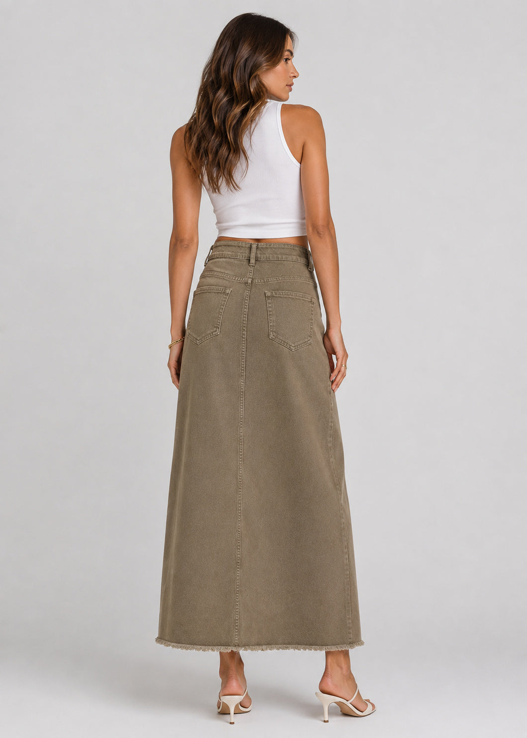 High Waisted Denim Maxi Skirt