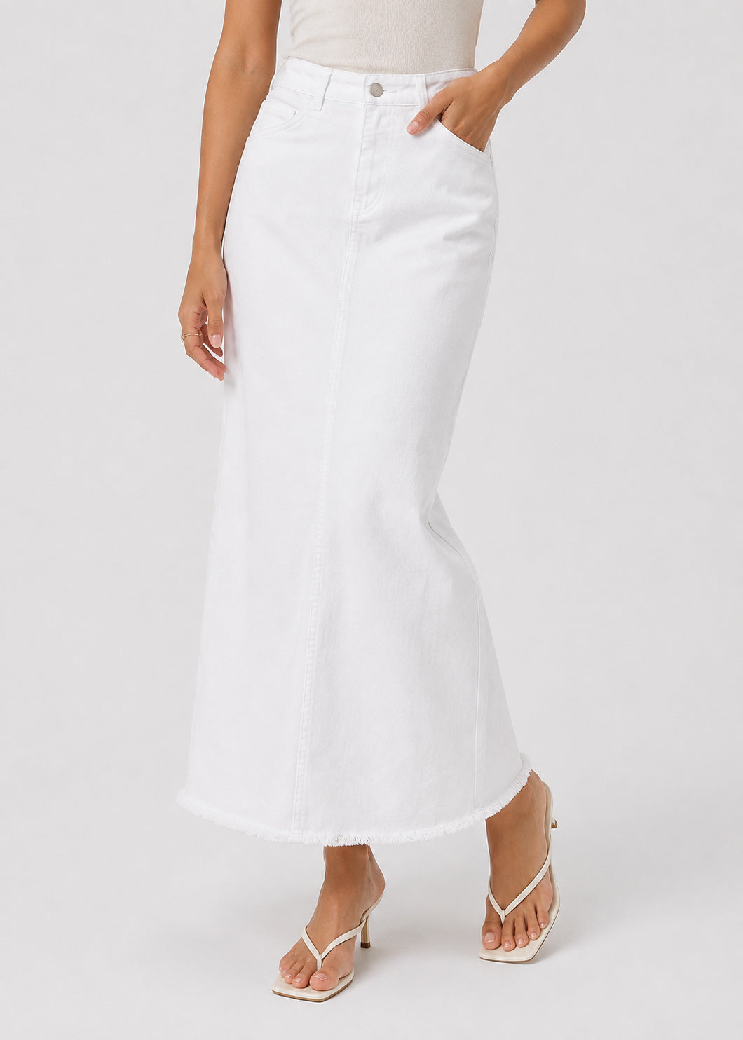 High Waisted Denim Maxi Skirt