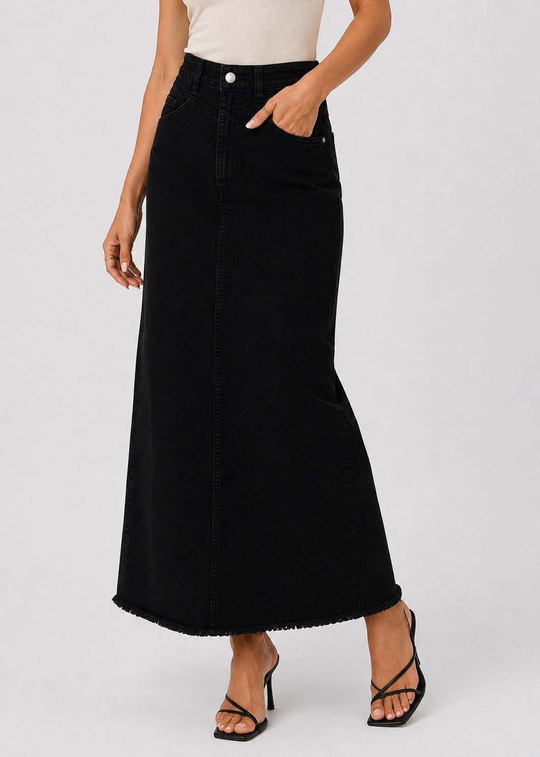 High Waisted Denim Maxi Skirt