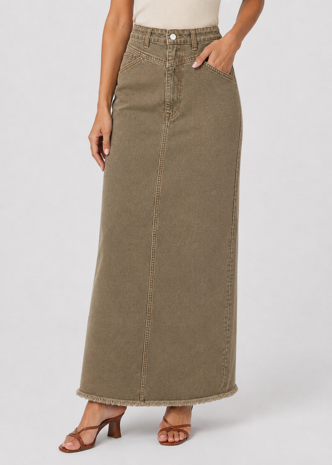High Waisted Denim Maxi Skirt