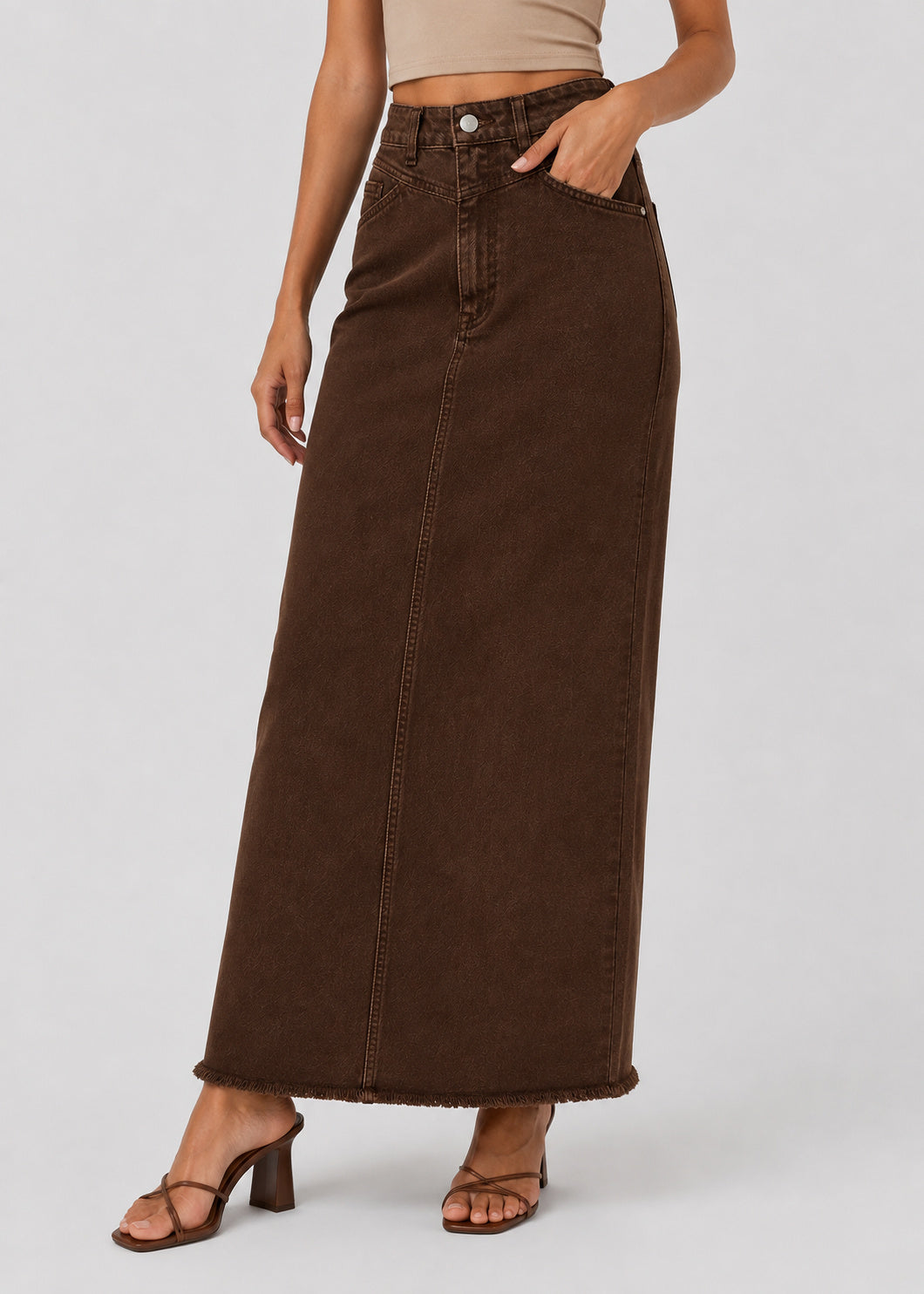 High Waisted Denim Maxi Skirt