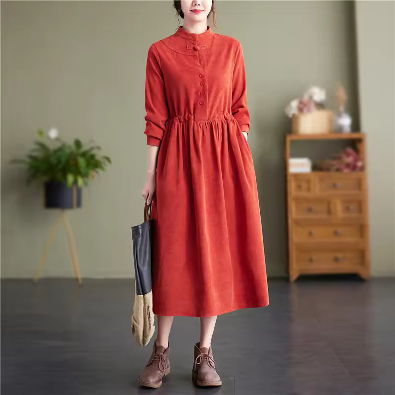 Long Sleeve Collared Corduroy Midi Dress