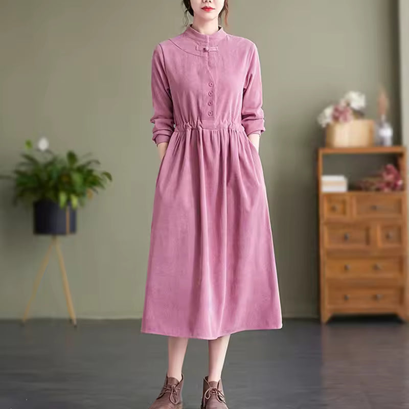 Long Sleeve Collared Corduroy Midi Dress