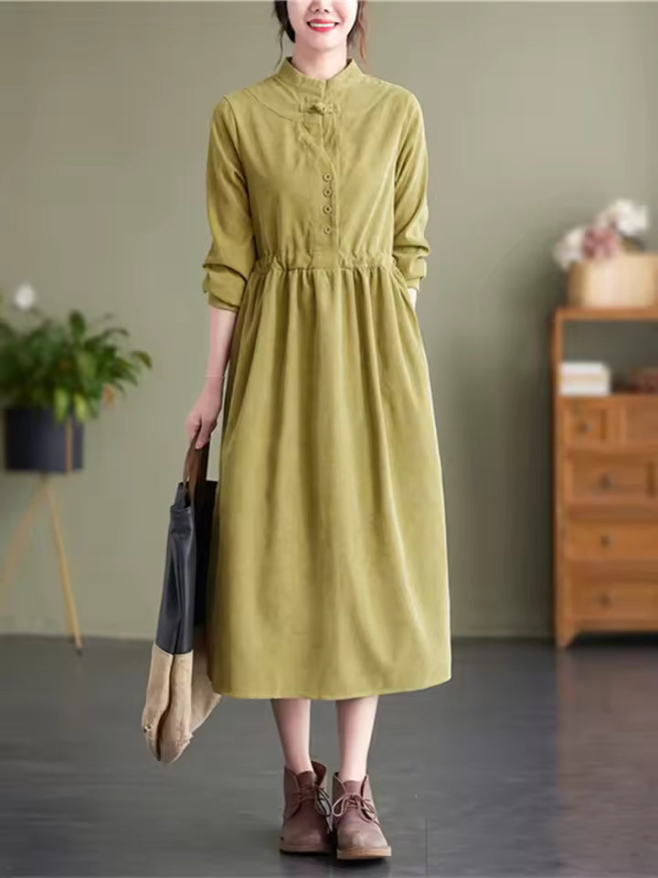 Long Sleeve Collared Corduroy Midi Dress