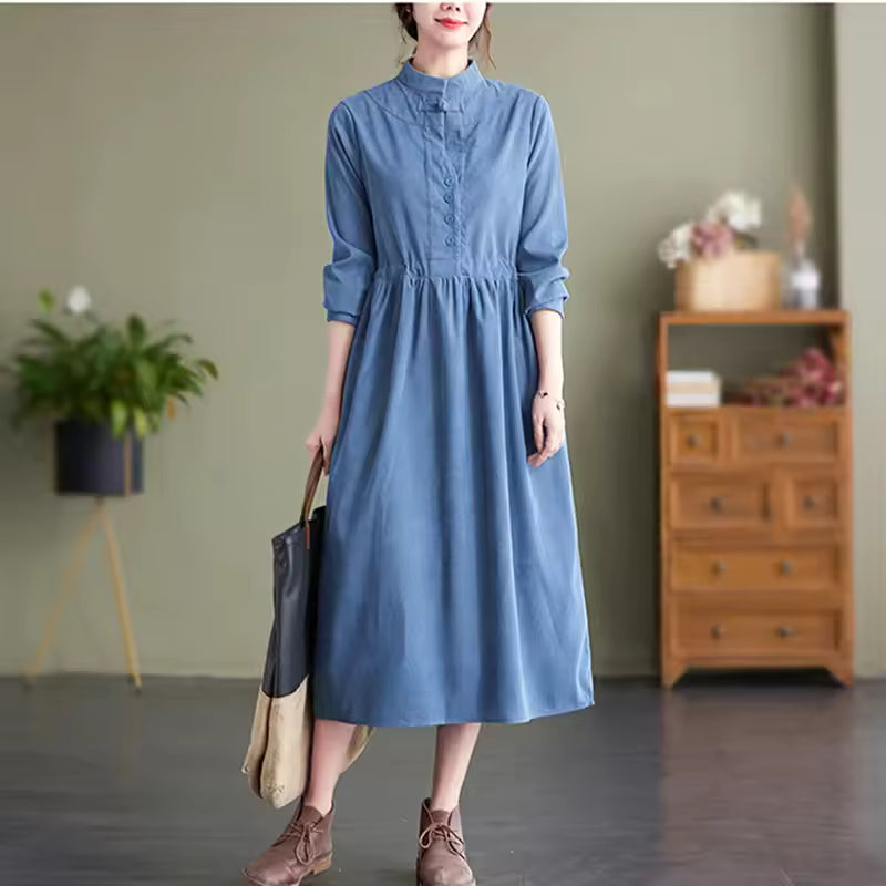 Long Sleeve Collared Corduroy Midi Dress