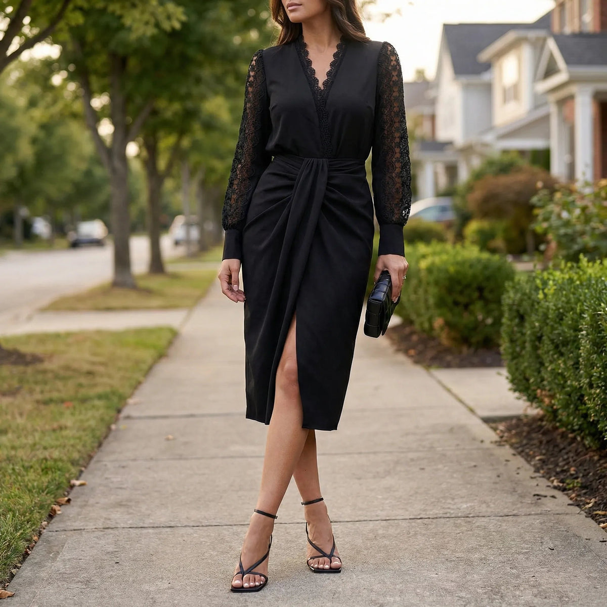 Long Sleeve V Neck Midi Wrap Dress