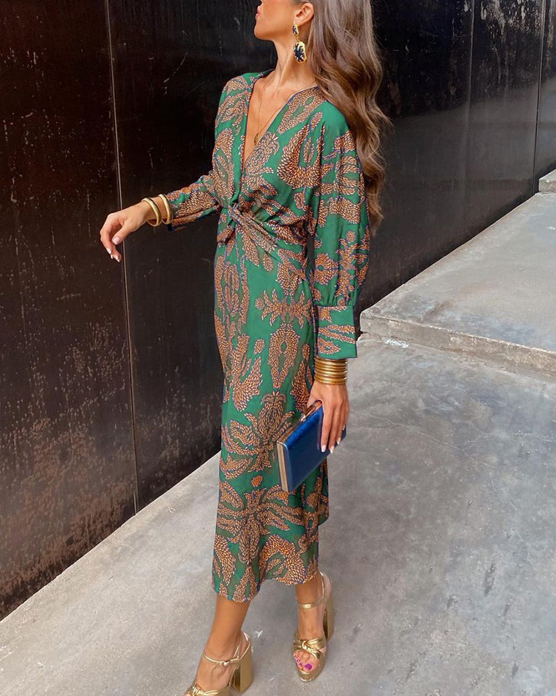 Long Sleeve V Neck Midi Wrap Dress