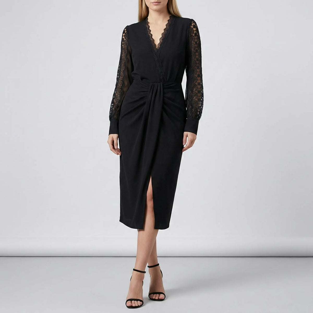 Long Sleeve V Neck Midi Wrap Dress