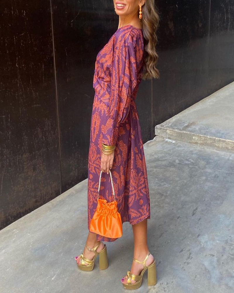 Long Sleeve V Neck Midi Wrap Dress