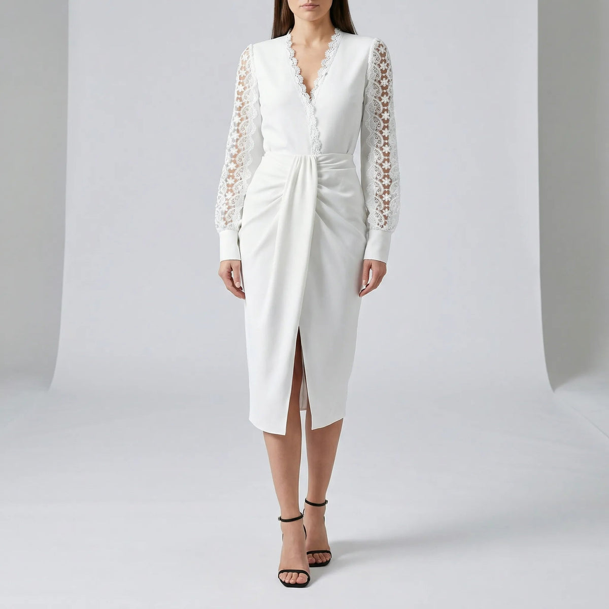 Long Sleeve V Neck Midi Wrap Dress