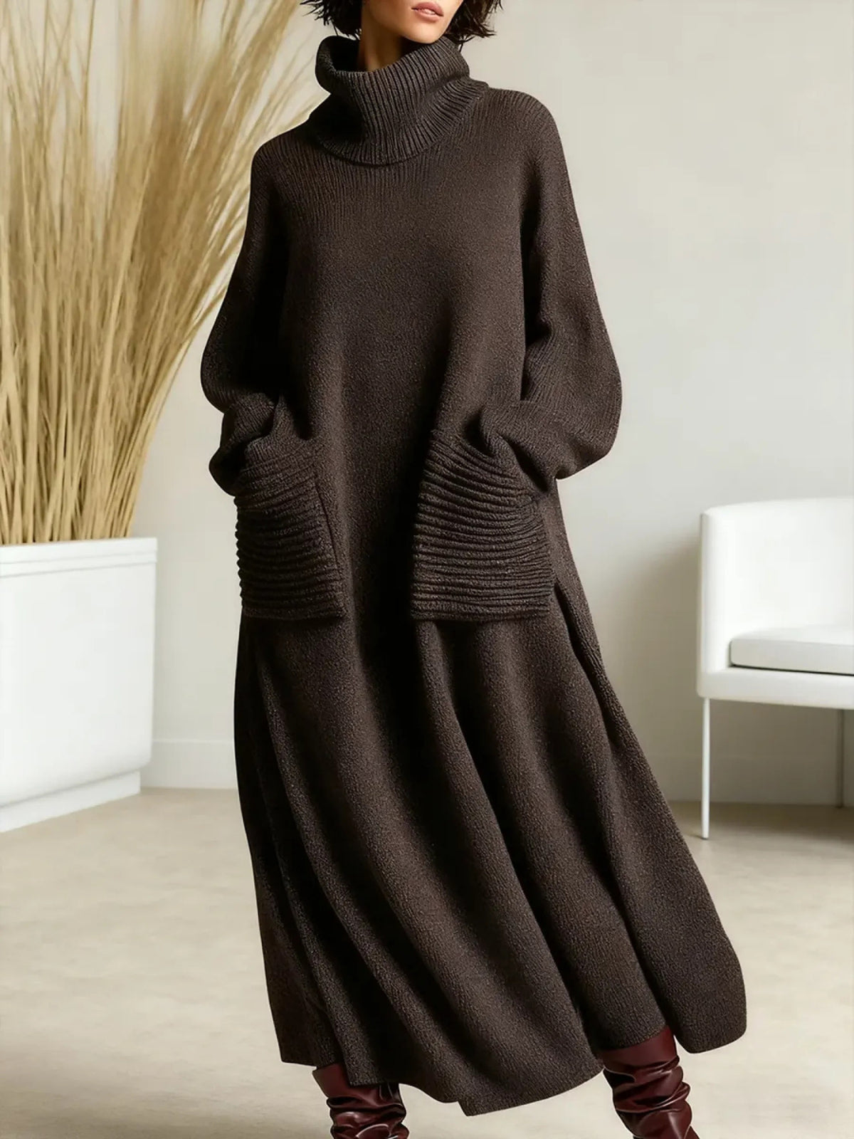 Loose High Neck Long Sleeve Maxi Dress