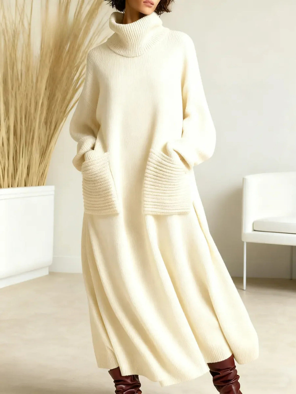 Loose High Neck Long Sleeve Maxi Dress