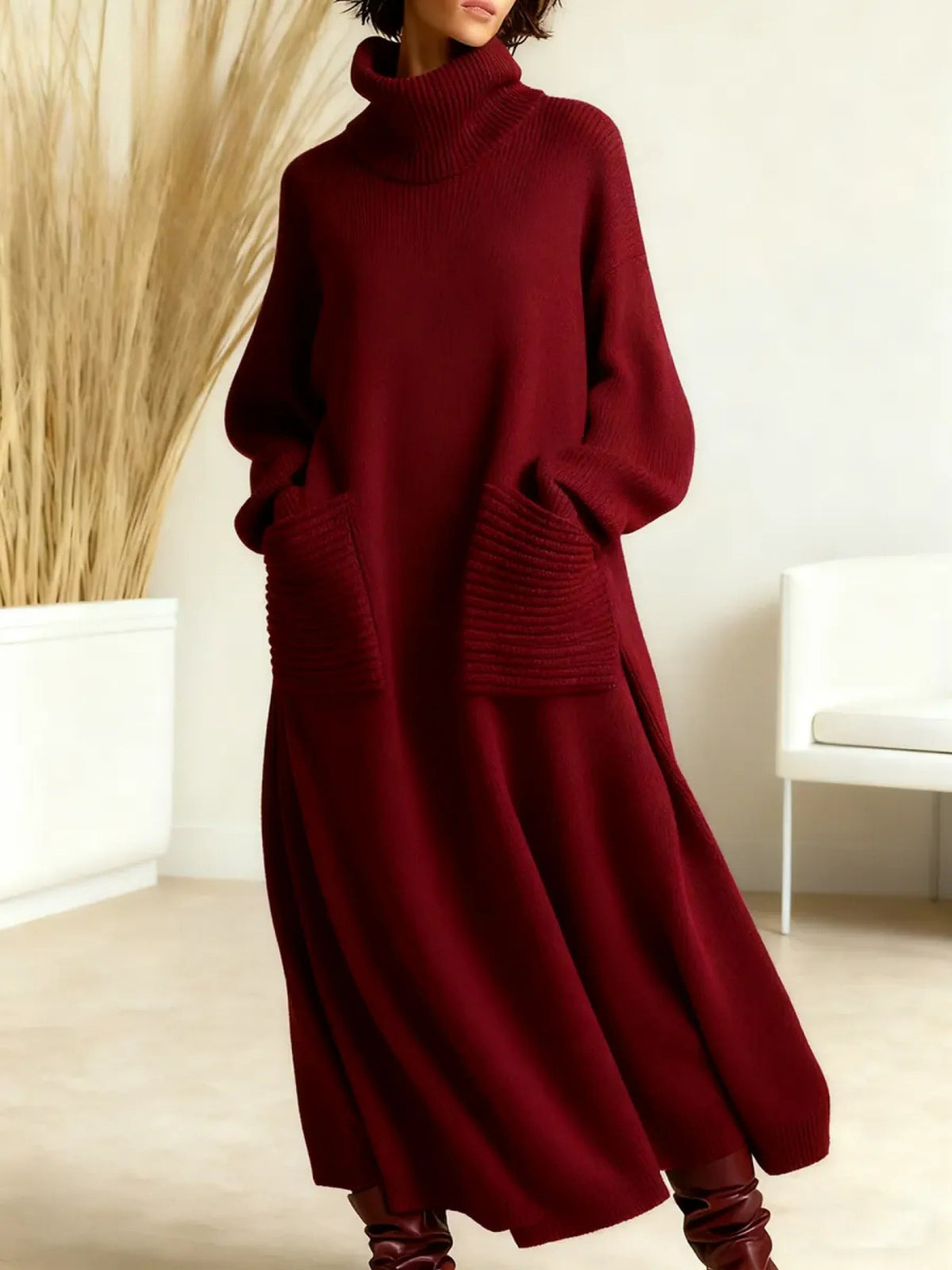Loose High Neck Long Sleeve Maxi Dress