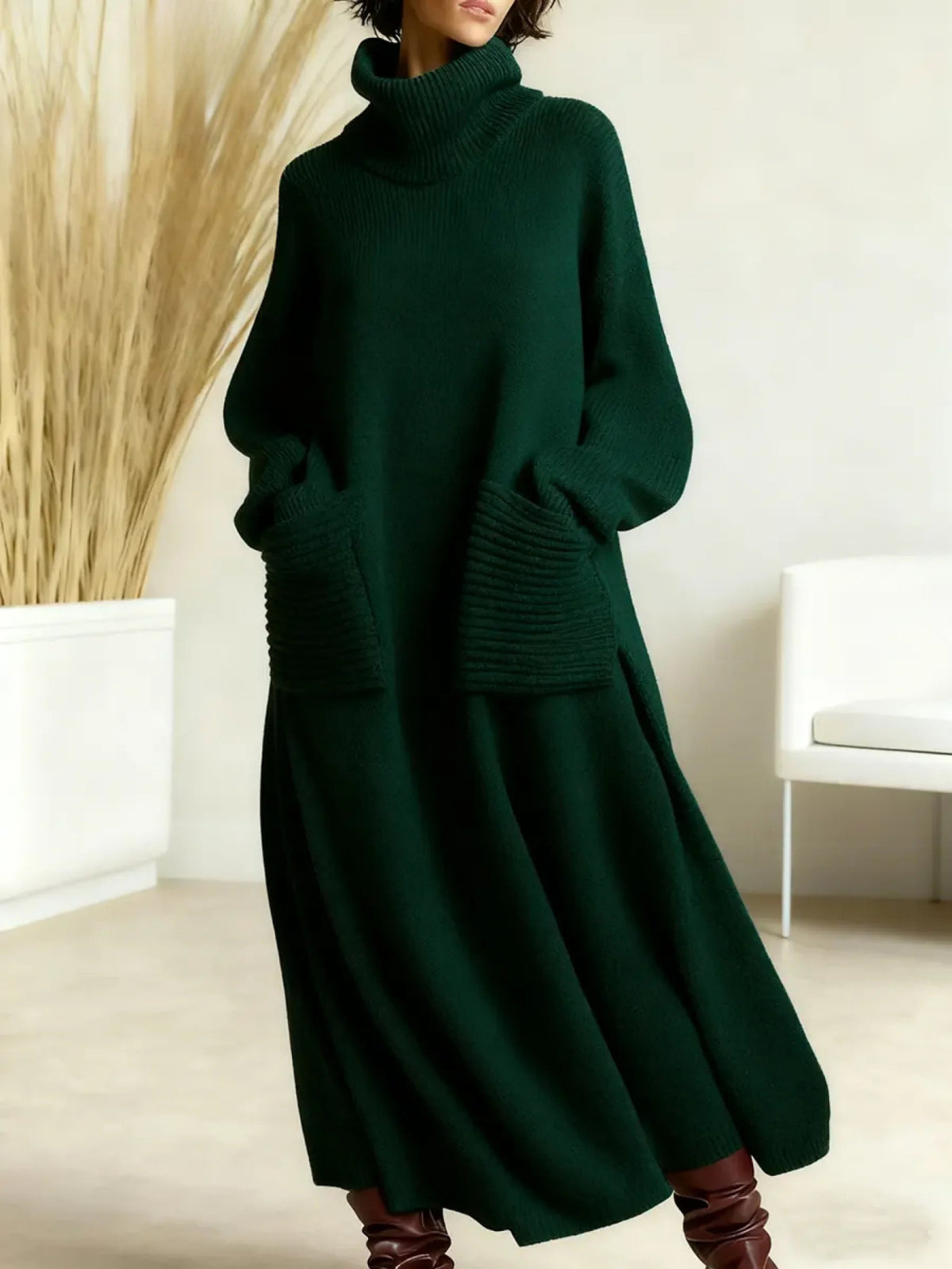 Loose High Neck Long Sleeve Maxi Dress