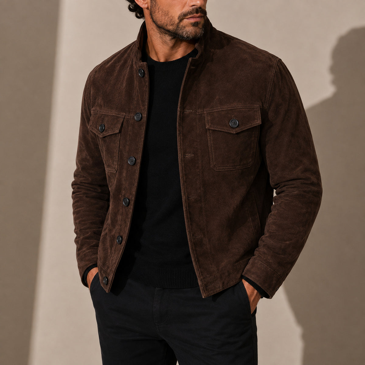 Men's Collared Button-Up Faux Suede Jacket