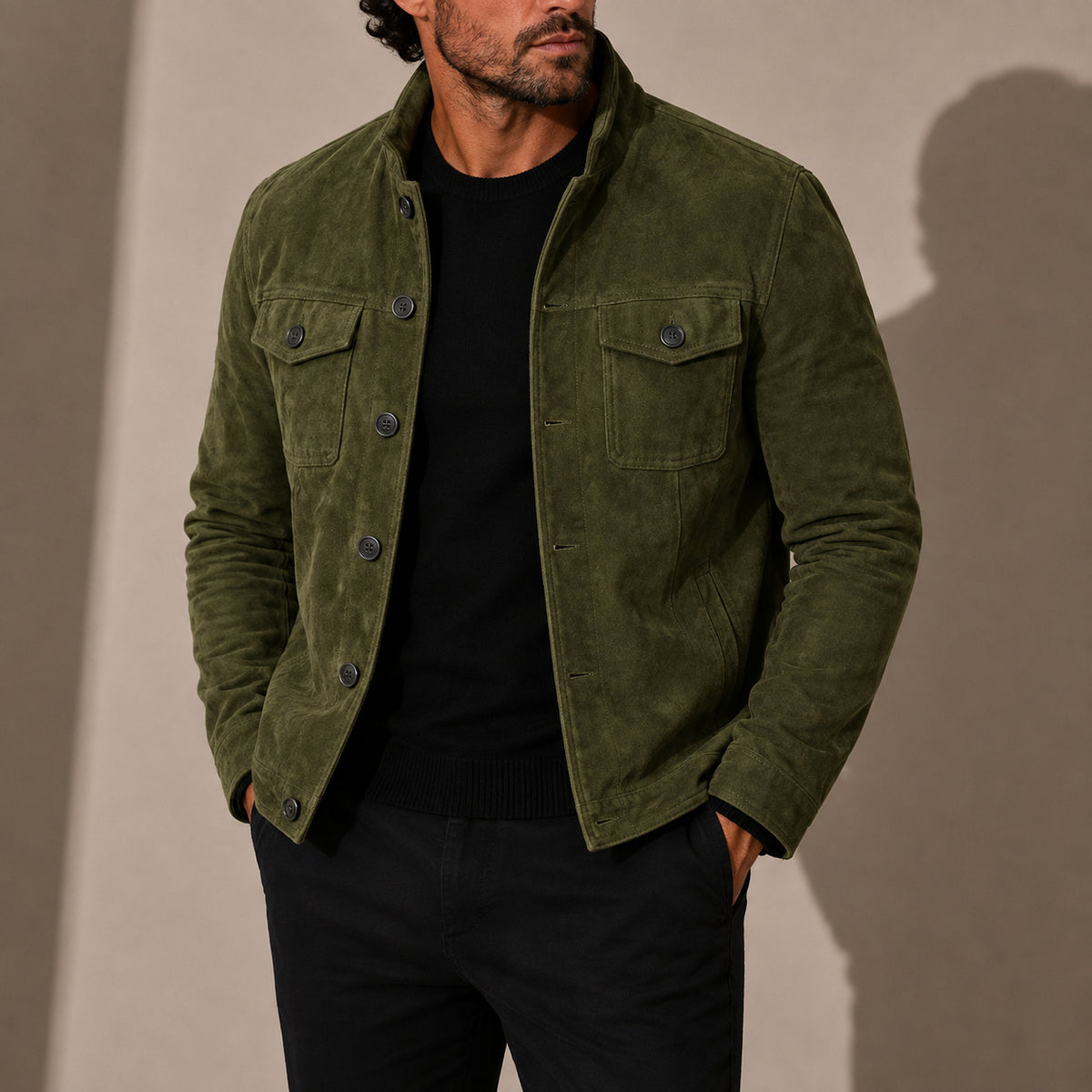 Men's Collared Button-Up Faux Suede Jacket